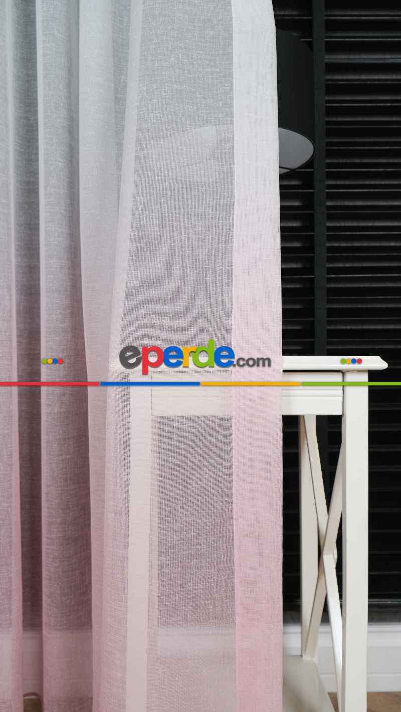 Keten Ekru Pembe Degrade Geçişli Tül Perde, Ağır Gramajlı Premium Seri, Eteği Kurşunlu
