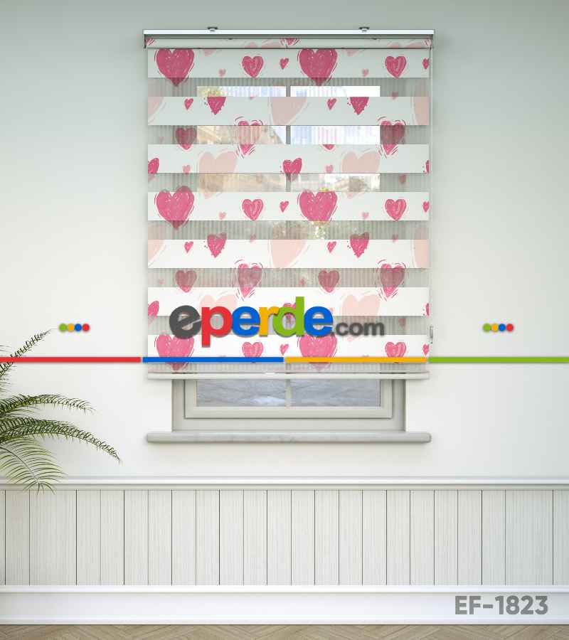 Kalp Desenli Baskılı Zebra Perde- Çok Renkli