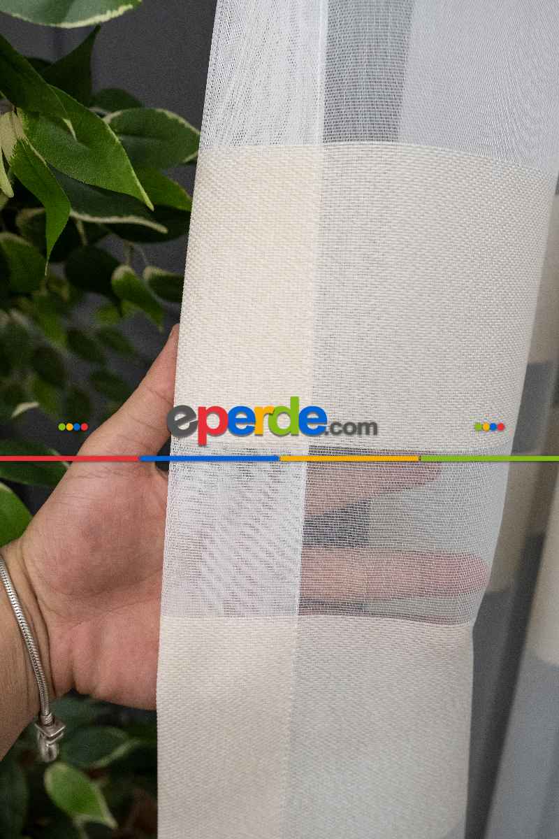 Mutfak Tül - Modern Bantlı Krem Tül - Yüksek Kalite Tül - Enine Çizgili