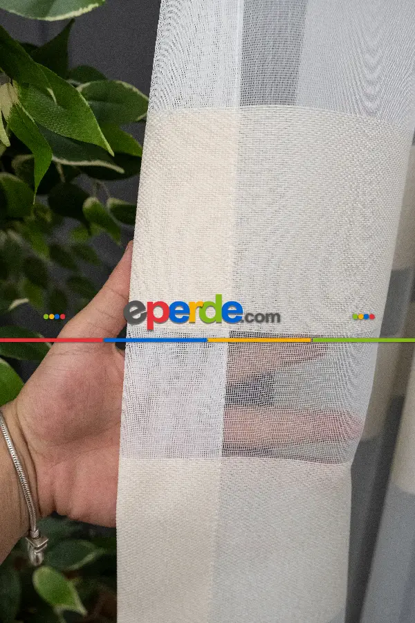 Mutfak Tül - Modern Bantlı Krem Tül - Yüksek Kalite Tül - Enine Çizgili