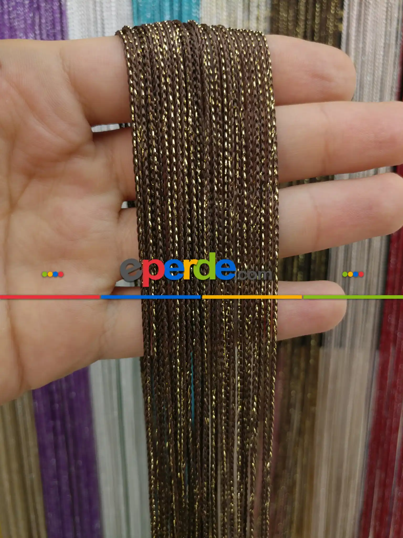 Altın Kahve Rengi İp Perde İnce Zincir Simli Serisi- Altın-kahve