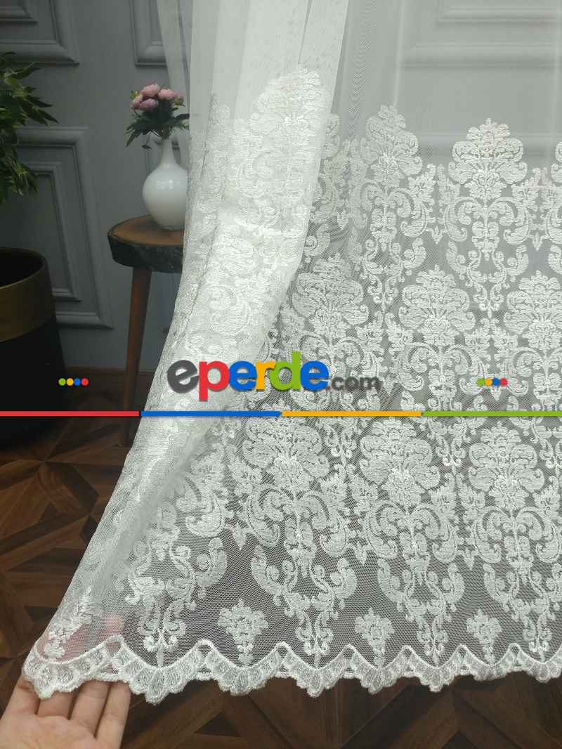 Salon Tül Perde - Eteği Duble Nakış İşlemeli Tül Perde Ikon 2021- Krem