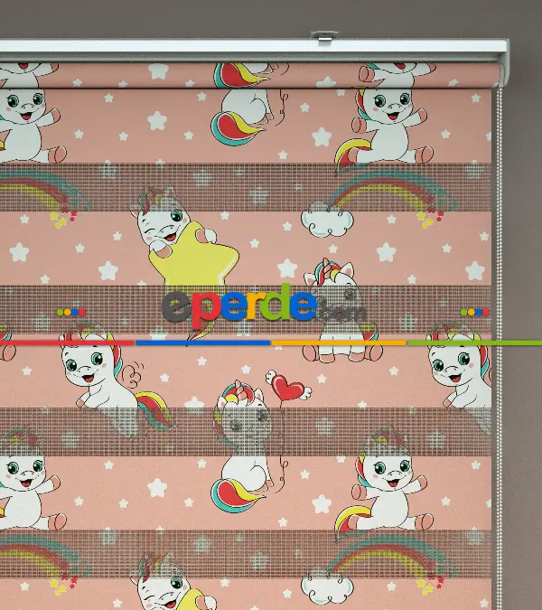 Unicorn Desenli Baskılı Zebra Perde- Çok Renkli