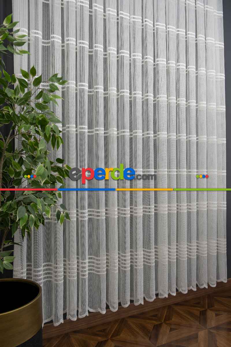 Yatak Odası - Clara Enine Bantlı Örme Tül Perde - Ekru -( Ütü İstemez )