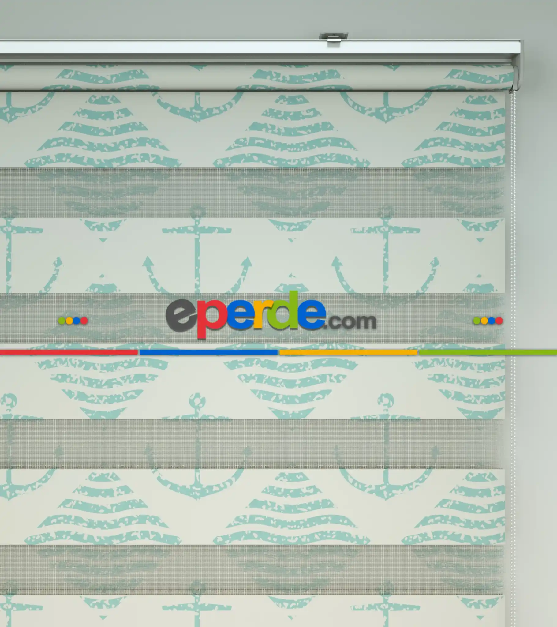 Bebek Odası Zebra Perde - Çapa Baskılı Zebra Perde- Krem Açık-Su Yeşili