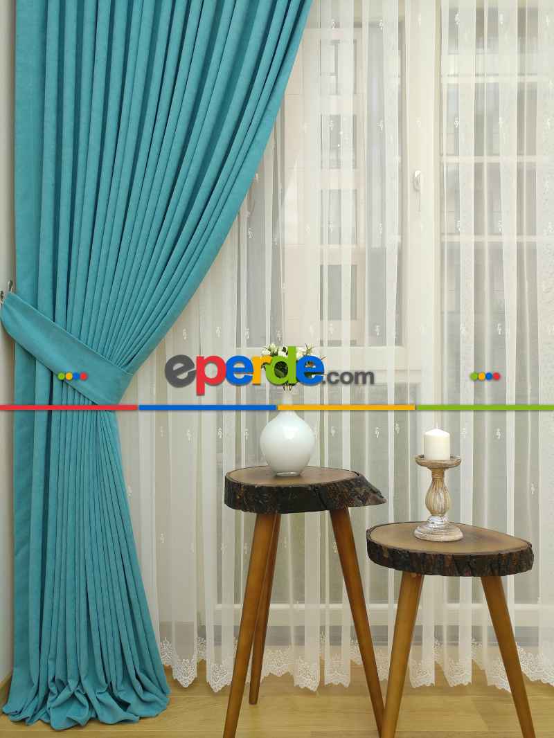Açık Petrol Düz Sade Fon Perde Dökümlü ( Dökümlü Fon )- Petrol Mavisi