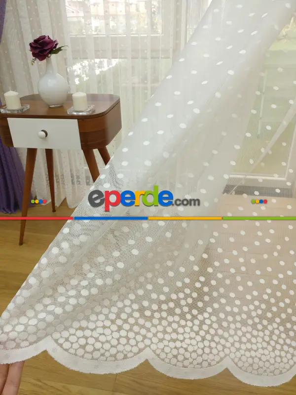 Puantiyeli Dantel Tül Perde- Ekru