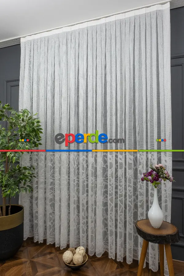 Salon - Eteği Desenli Örme Tül - Ekru Renk Yüksek Kalite