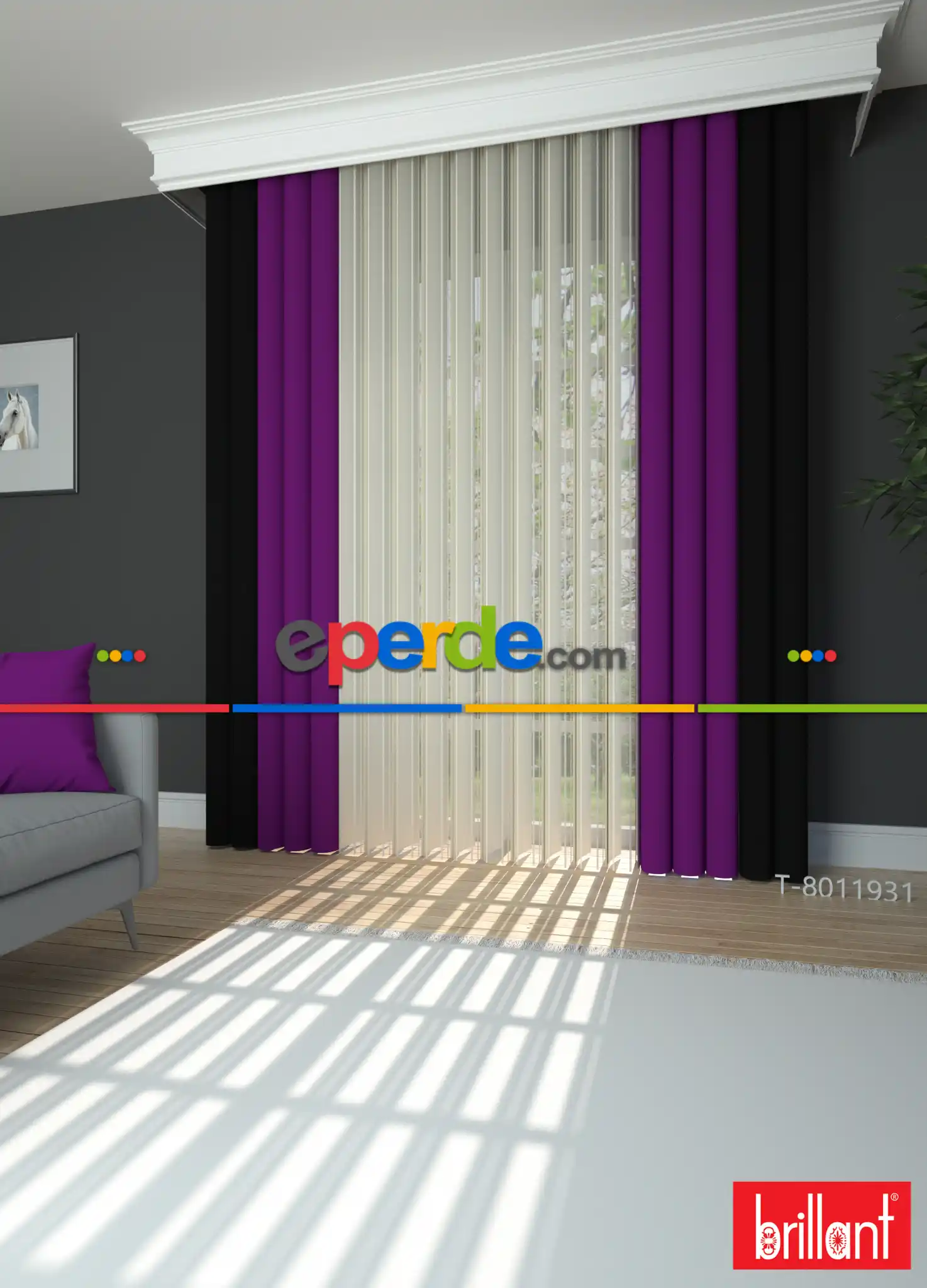 Brillant Marka - Akıllı Tül Siyah-mor Perde Tül Dikey Zebra Perde Düz 1. Kalite