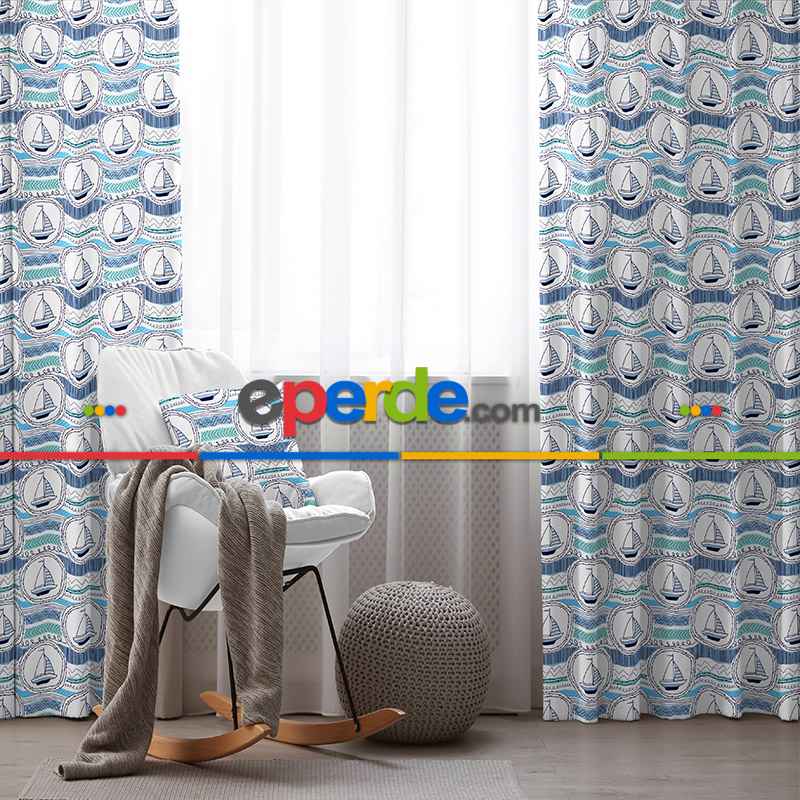 Yelken Desenli Fon Perde Evim791 Kumaşı Kalındır Duck Bezi Değildir- Mavi-beyaz