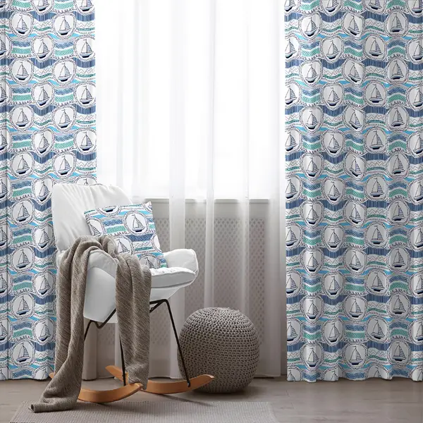 Çocuk Odası - Yelken Desenli Fon Perde Evim791 Kumaşı Kalındır Duck Bezi Değildir- Mavi-beyaz