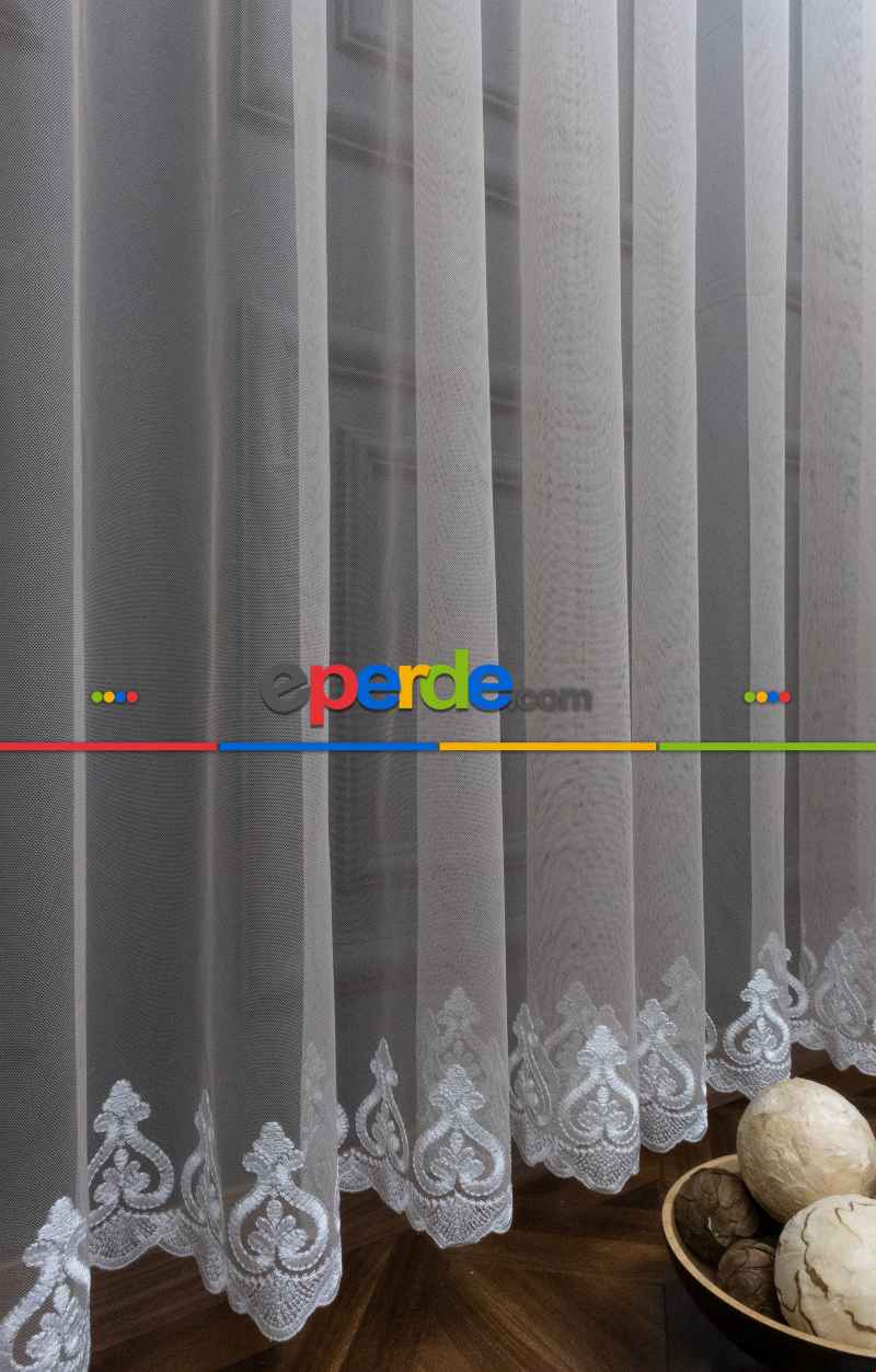 Vizon Kahverengi Degrade Renk Geçişli Etek Ucu Nakışlı Tül Perde