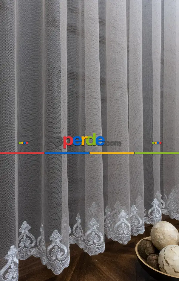 Salon Etek Nakışlı Vizon Renk Geçişli Tül Perde- Vizon Rengi
