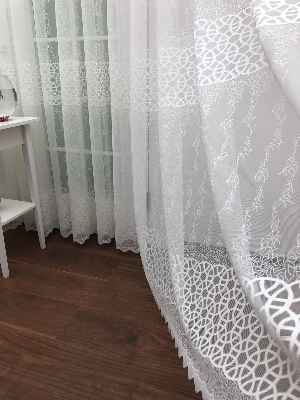 Enine Çizgili Arası Geometrik Örme Tül Perde Yüksek Kalite- Ekru