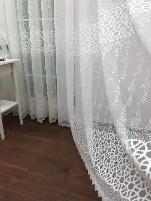 Enine Çizgili Arası Geometrik Örme Tül Perde Yüksek Kalite- Ekru