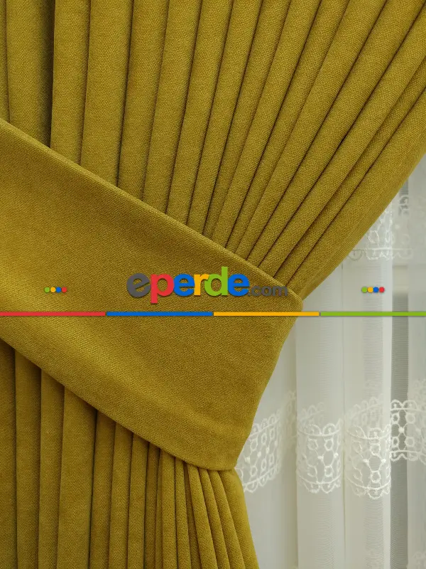 Saon Perdesi - Hardal Rengi Düz Fon Perde Dökümlü Birinci Kalite 300 Cm Geniş En Daha Hesaplı- Hardal