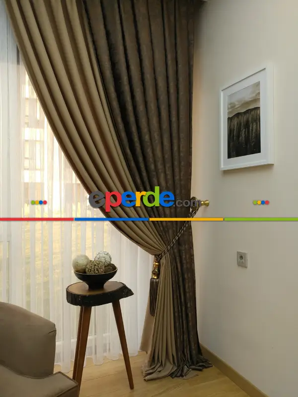 Açık Koyu Kahve Renk Kombinli Desenli Fon Perde- Kahve Koyu-sütlü Kahve