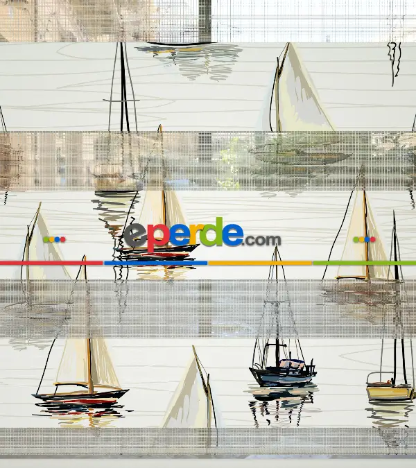 Yelkenli Desen Baskılı Zebra Perde- Çok Renkli