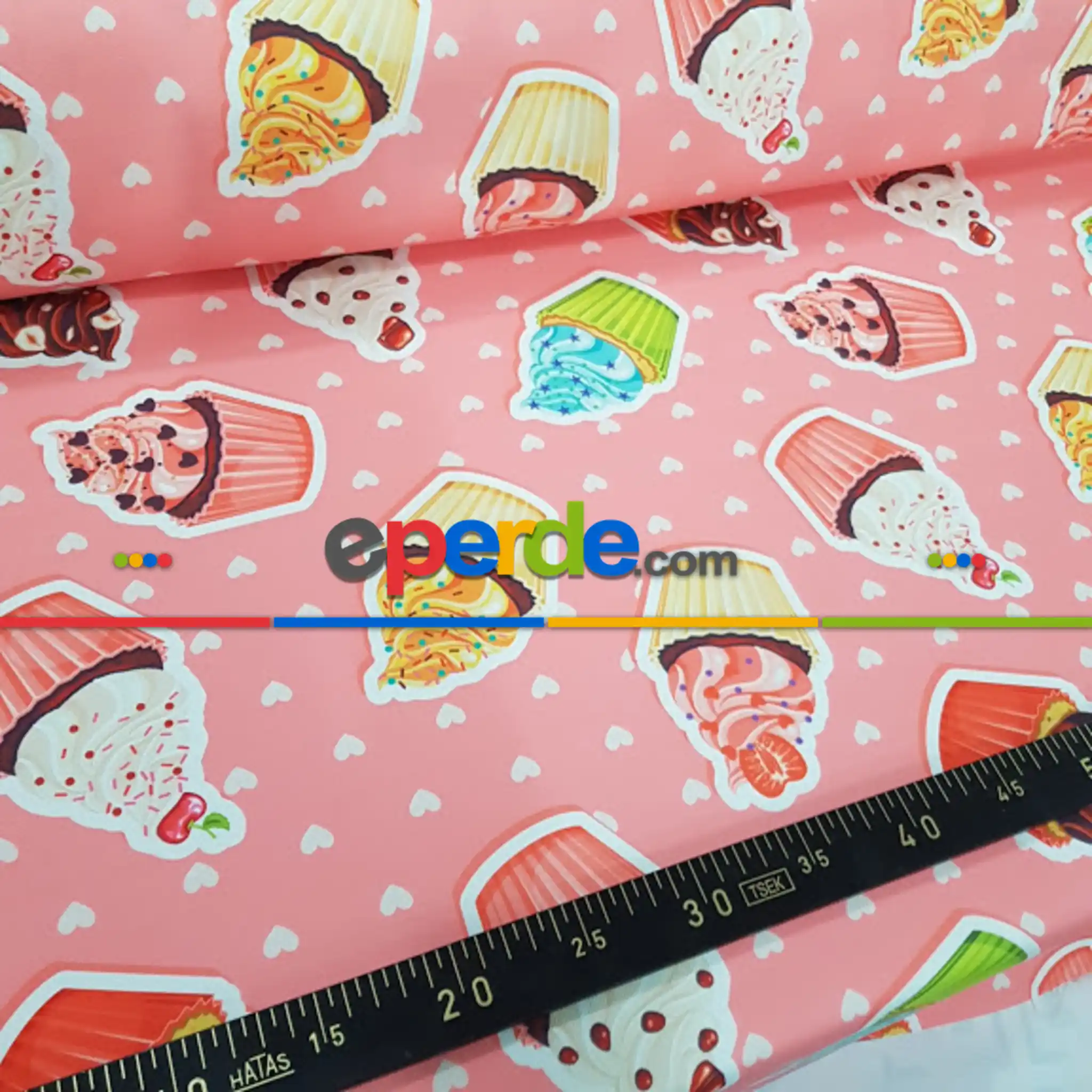 Cupcake Desenli Fon Perde K115 Kumaşı Kalındır Duck Bezi Değildir- Pembe