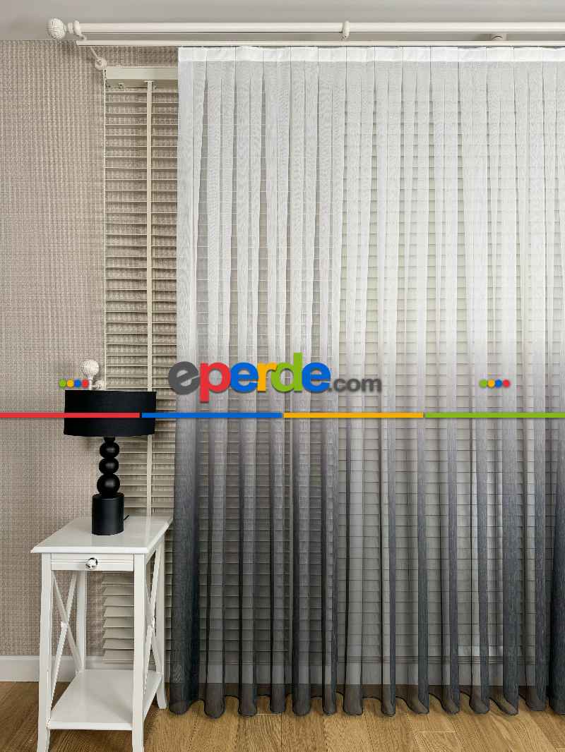 Ekru Antrasit Gri Degrade Geçişli Bambu Tül Perde, Premium Seri, Kurşunlu Tül