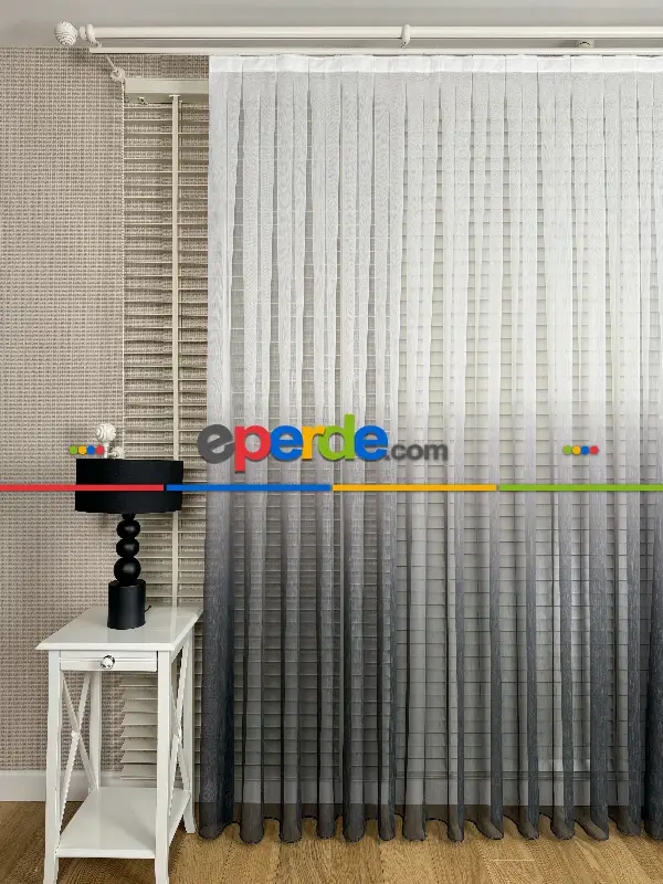 Ekru Antrasit Gri Degrade Geçişli Bambu Tül Perde, Premium Seri, Kurşunlu Tül