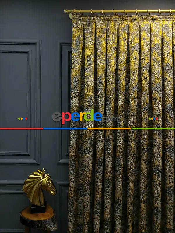 Yatak Odası - PatineDesenli Modern Desenli Jakarlı Fon Perde Yeni Seri 401- Gri-füme-antrasit-füme-altın