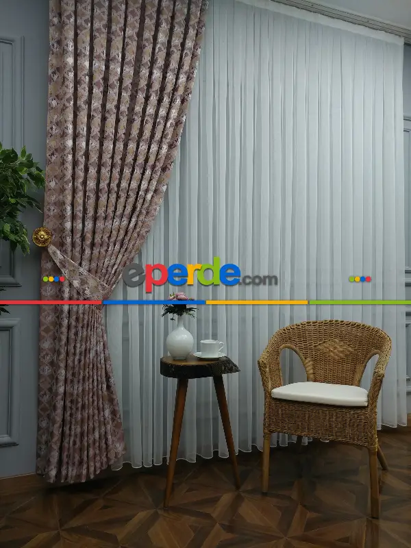 Pembe Desenli Jakar Fon Perde (180)- Gül Kurusu