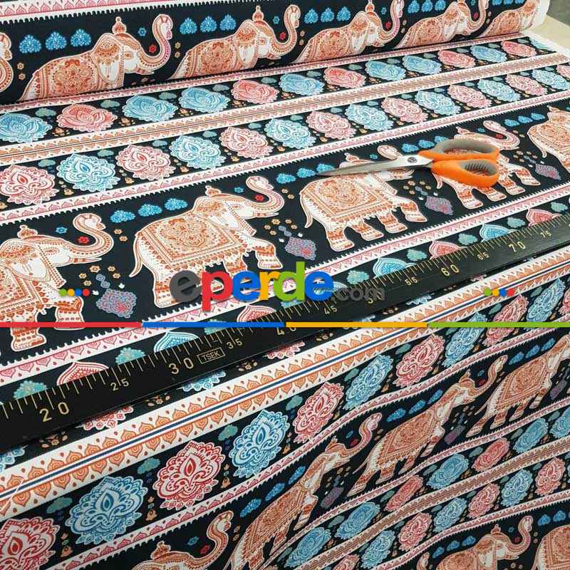 Etnik Fil Desenli Fon Perde Evm1058 Kumaşı Kalındır Duck Bezi Değildir- Siyah-Turkuaz-Pembe Koyu