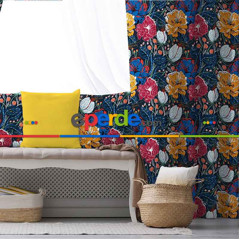 Tropik Desenli Fon Perde Evim611 Kumaşı Kalındır Duck Bezi Değildir- Mavi-beyaz