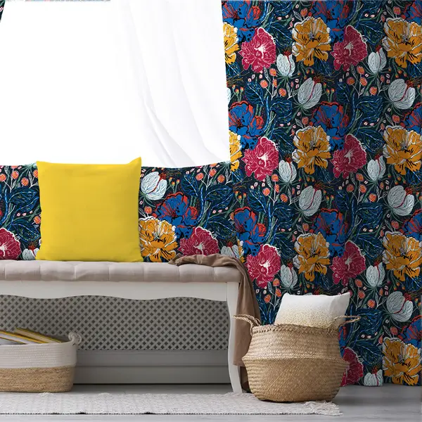 Tropik Desenli Fon Perde Evim611 Kumaşı Kalındır Duck Bezi Değildir- Mavi-beyaz