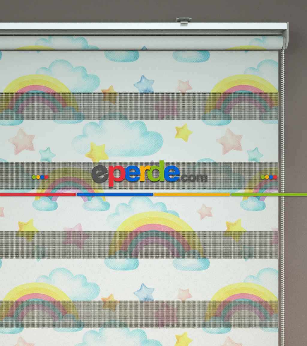 Yıldız Desenli Baskılı Zebra Perde- Çok Renkli