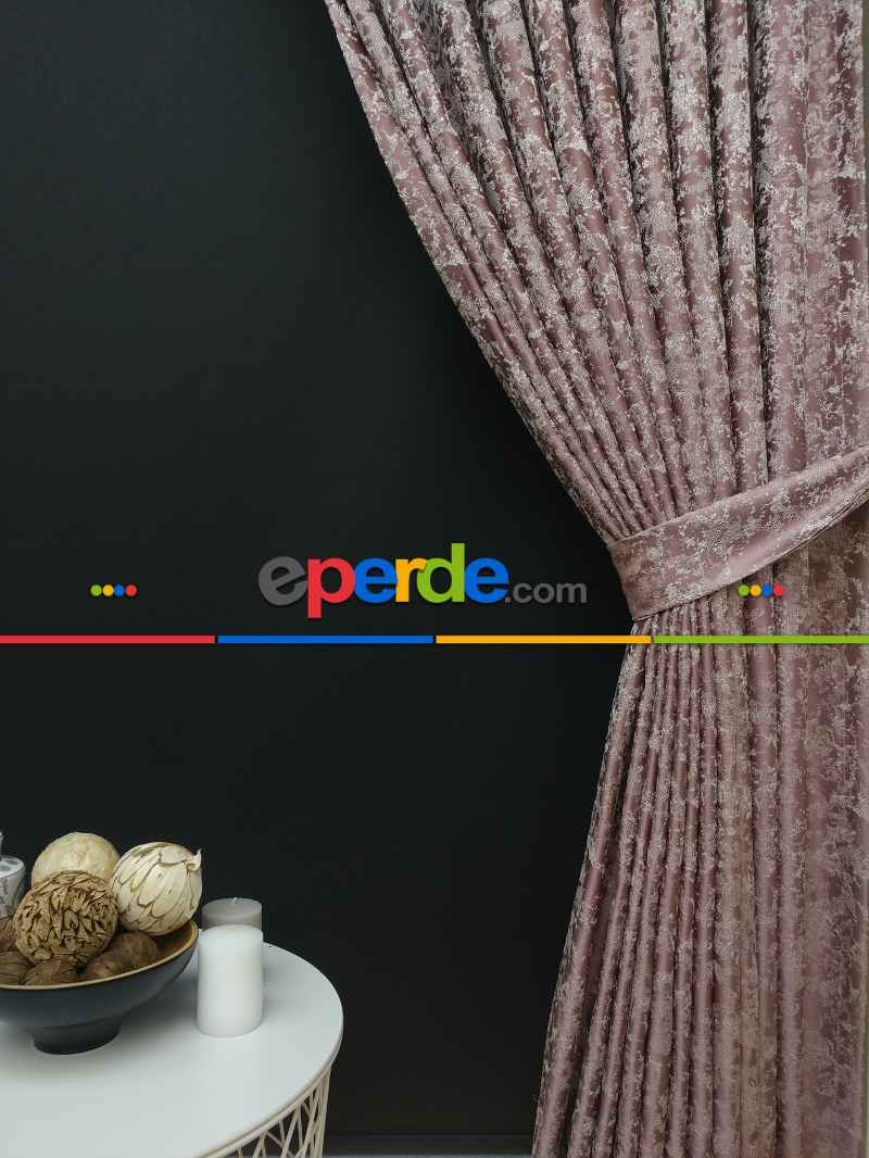 Pudra Krem Desenli Jakar Fon Perde (180cm En)- Pudra