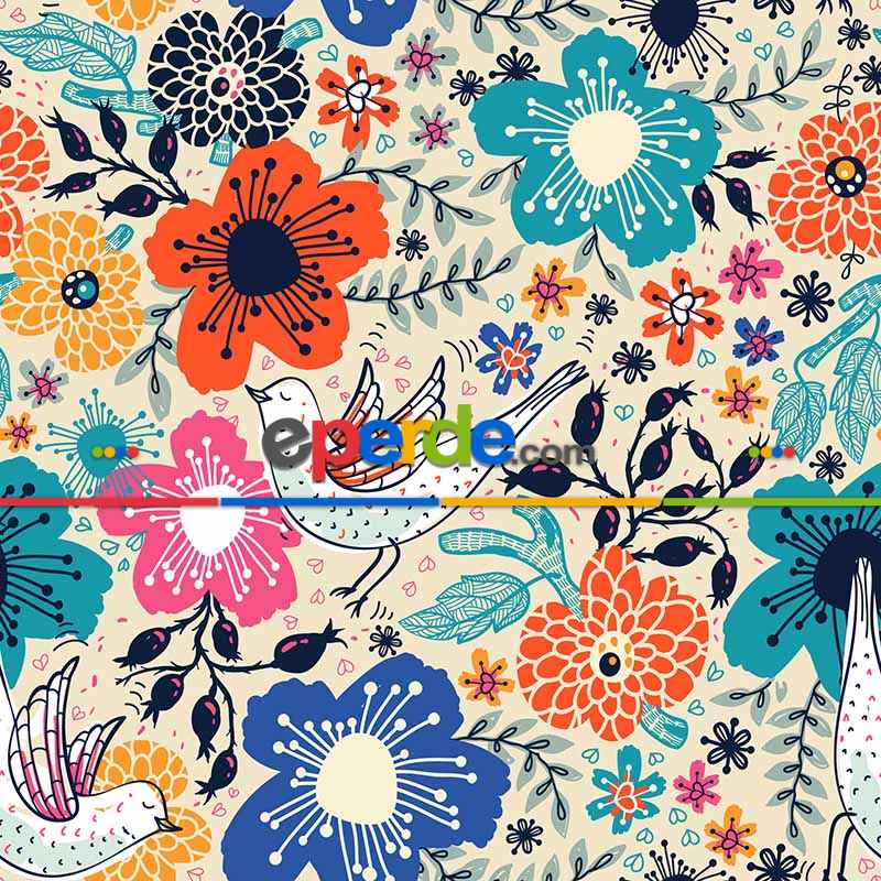 Çiçek Ve Kuş Desenli Fon Perde Evm764 Kumaşı Kalındır Duck Bezi Değildir- Beyaz-Turkuaz-Turuncu