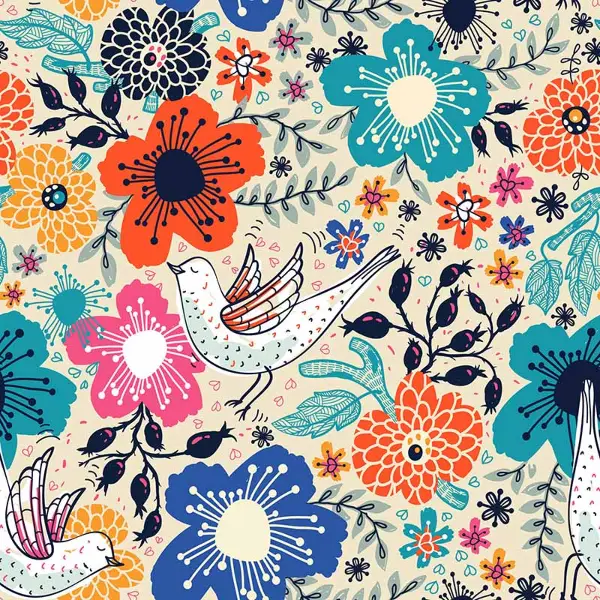 Çiçek Ve Kuş Desenli Fon Perde Evm764 Kumaşı Kalındır Duck Bezi Değildir- Beyaz-Turkuaz-Turuncu