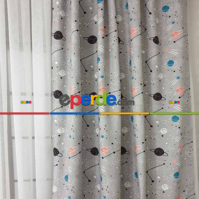 Uzay Gezegen Desenli Fon Perde Evm497 Kumaşı Kalındır Duck Bezi Değildir- Siyah- Çok Renkli 3