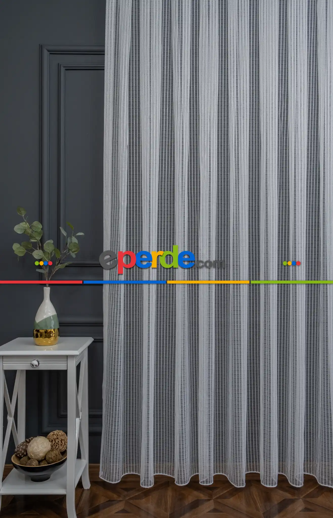 Salon - Mini Kare Gold Altın Tasarım Sırma Çizgili Tül