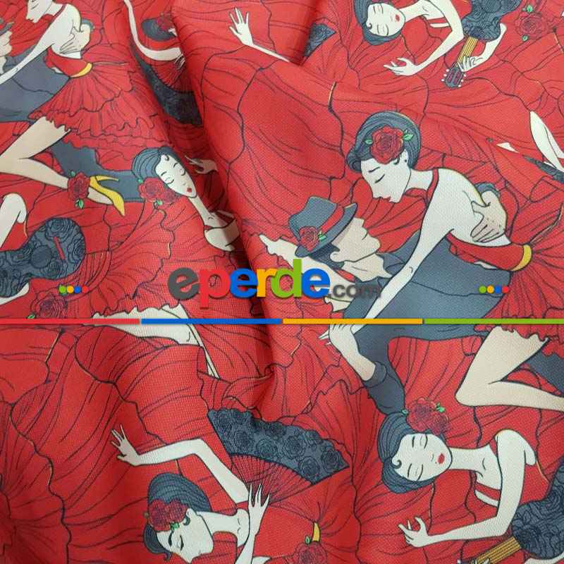 Dans Desenli Fon Perde Evm704 Kumaşı Kalındır Duck Bezi Değildir- Siyah-Kırmızı