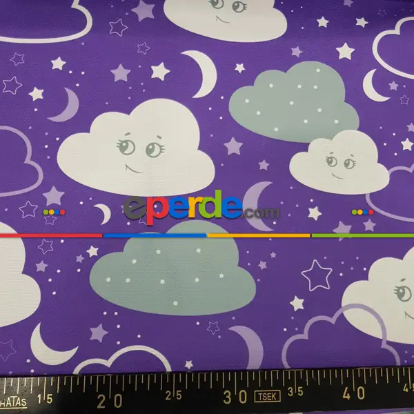 Bebek Odası Fon - Bulut Desenli Fon Perde Evm683-3 Kumaşı Kalındır Duck Bezi Değildir- Beyaz