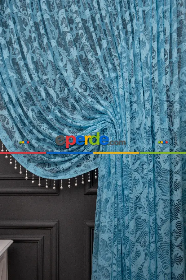 Mutfak Turkuaz Sarmaşık Desen Şal Model Tül Kruvaze Yanki Tül