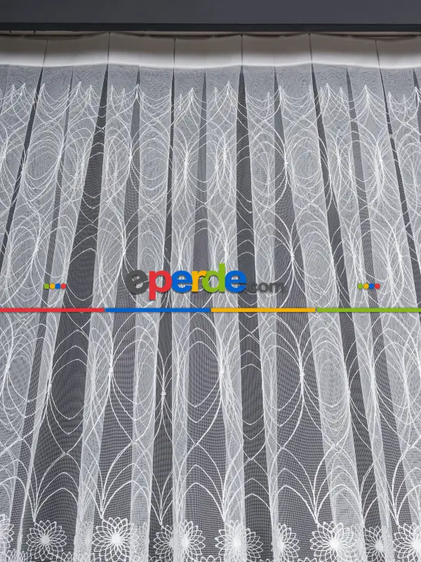 Şeritli Papatya Nakış İşlemeli Brode Tül Perde