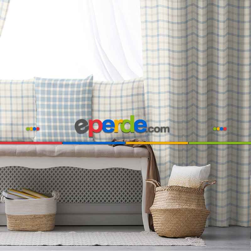 Salon Fon Perde Evim1615-3 Kumaşı Kalındır Duck Bezi Değildir- Mavi-beyaz