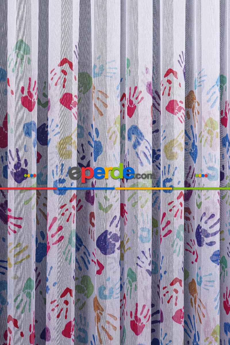 Genç - Çocuk Odası Renkli El Desenli Tül Perde