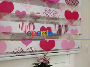 Çocuk Odası - Kalp Desenli Zebra Perde- Pembe