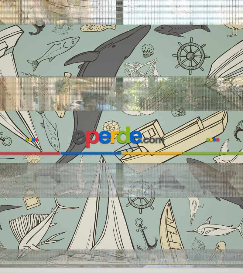 Deniz Temalı Baskılı Zebra Perde- Çok Renkli