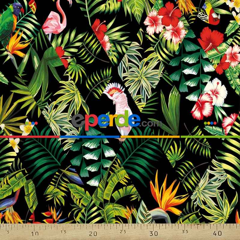Tropikal Desenli Fon Perde Evm224 -t - Kumaşı Kalındır Duck Bezi Değildir.- Siyah-Yeşil-Mavi-Çok Renkli