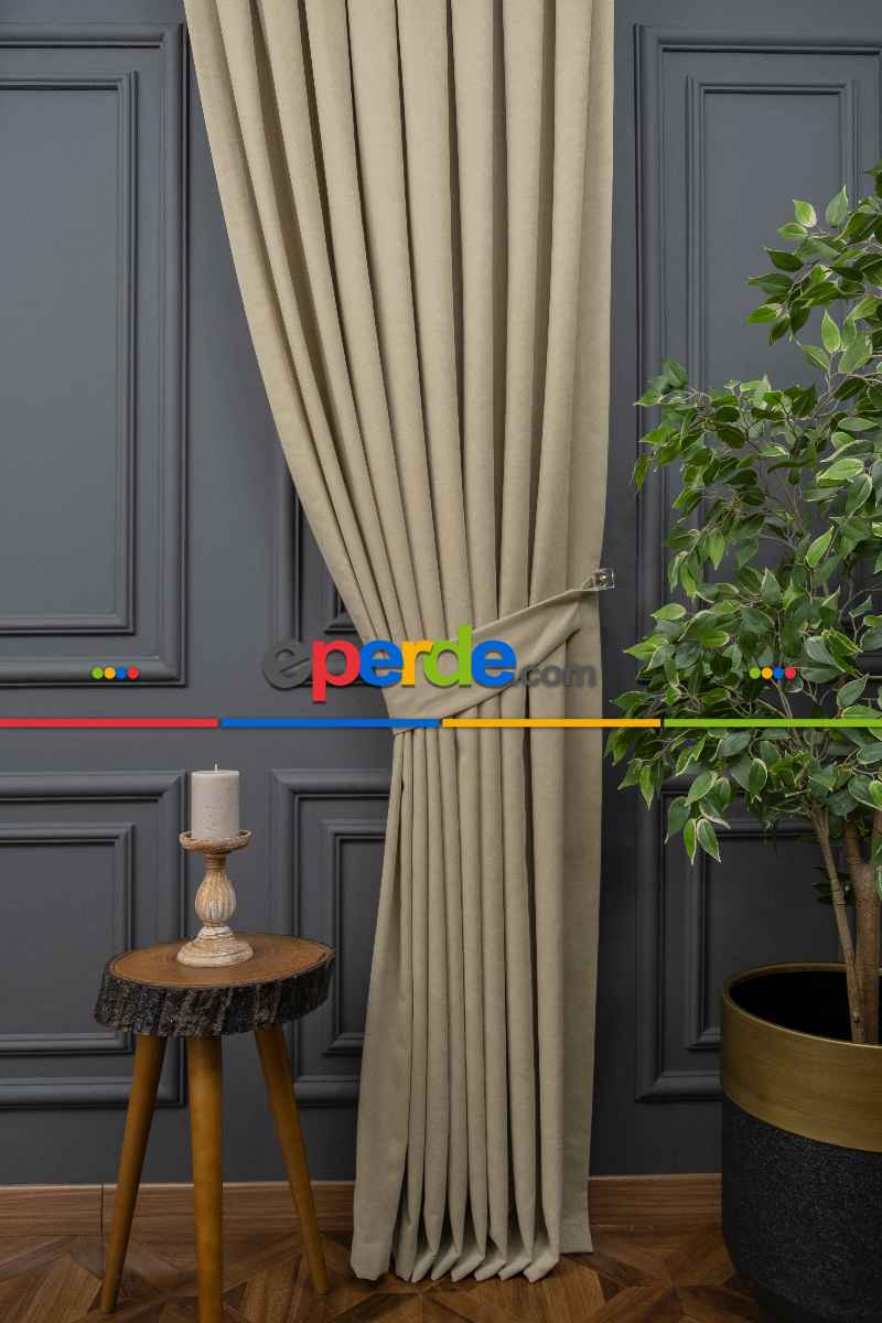 Salon - Taş Rengi Düz Fon Perde Dökümlü Fon Perde