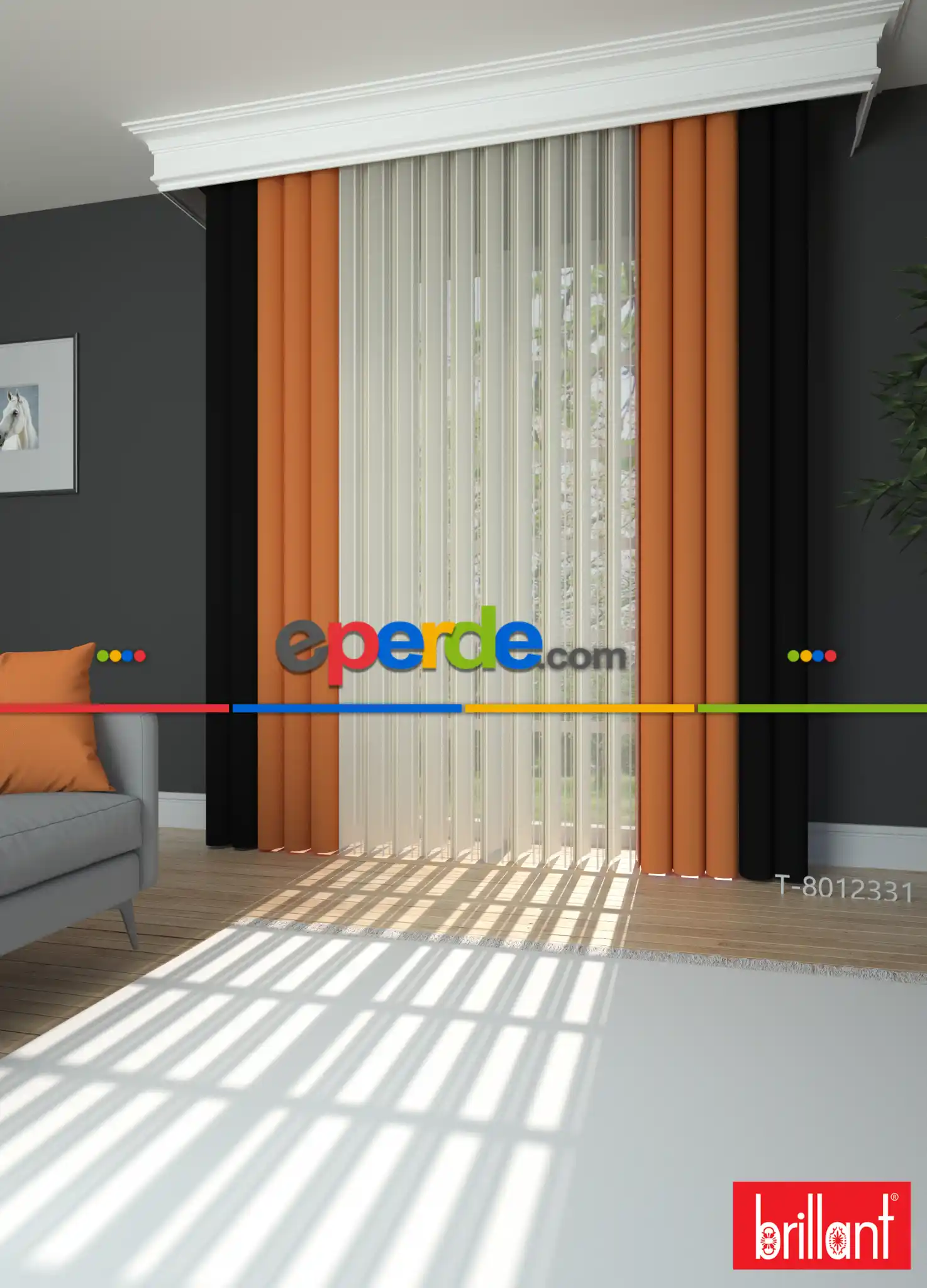 Brillant Marka - Akıllı Tül Siyah-turuncu Perde Tül Dikey Zebra Perde Düz 1. Kalite
