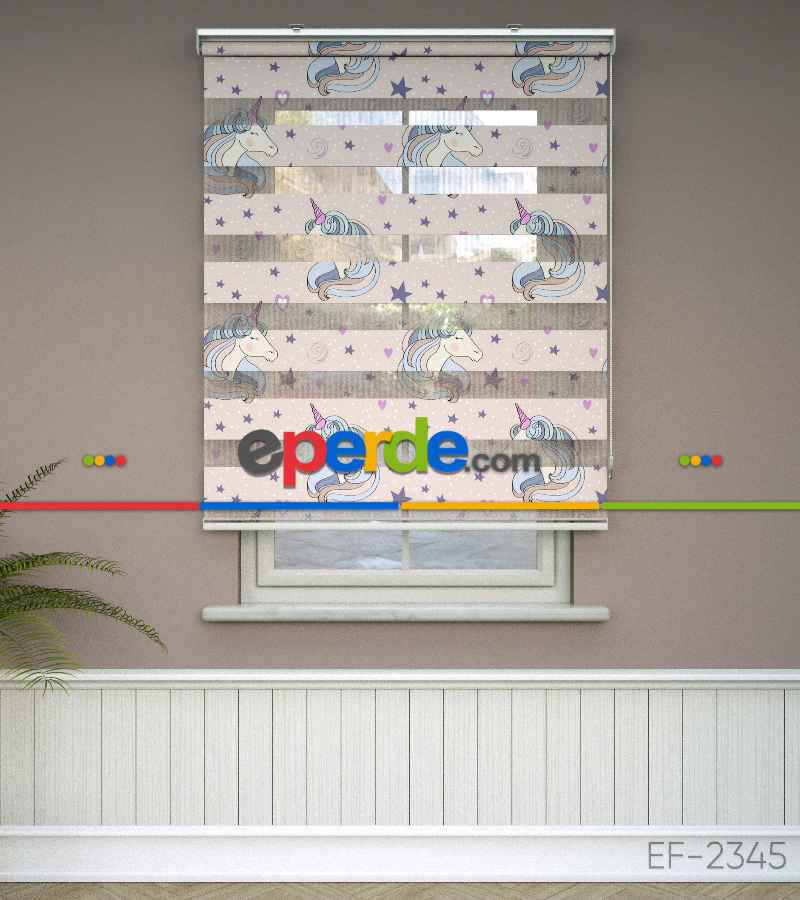 Unicorn Desenli Baskılı Zebra Perde- Çok Renkli