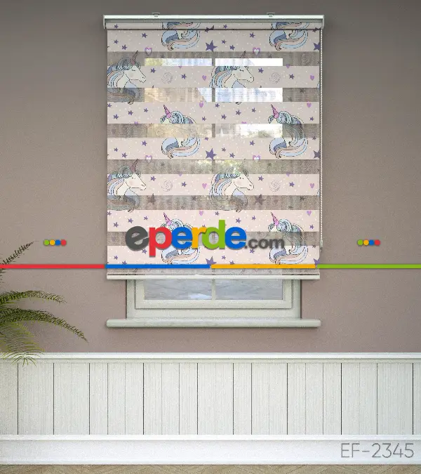 Unicorn Desenli Baskılı Zebra Perde- Çok Renkli