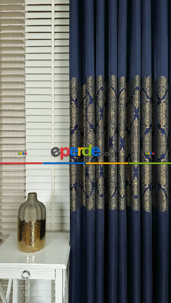 Lacivert Altın Fon Perde, Pano Damask Desenli